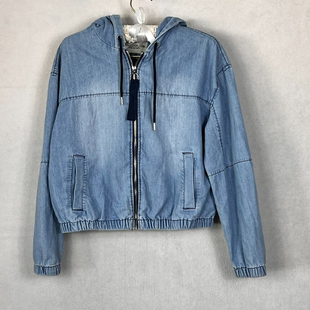 Ashley Vintage Charm Hooded Bomber Jacket Women's Size Large Light Blue Denim